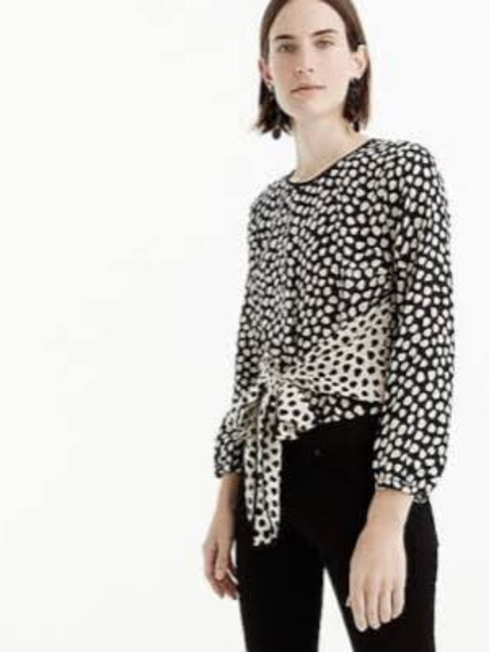 J.Crew Tie-Front Silk Blouse in Black and White Pebble Print